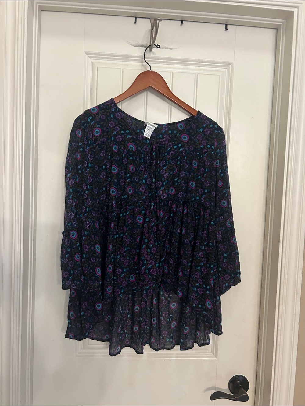 NATURAL LIFE Black Tunic with Purple & Teal Floral Print